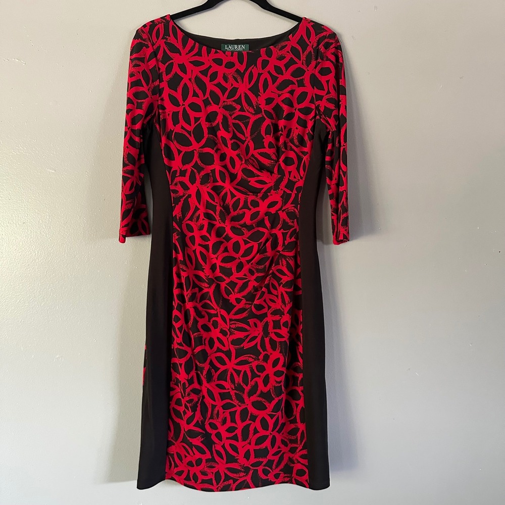 Lauren Ralph‎ Lauren Black Red Midi Sheath Dress Ruched Sides Slimming SZ 8
